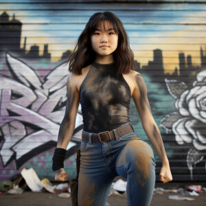 teenage girl, long brown hair and bangs, wearing tight skinny jeans and a halter top paint marks on her clothing, heroic pose Asian graffiti background, nearing on one knee