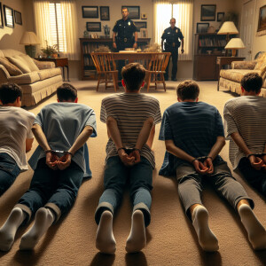 5 caucasian male youth handcuffed, laying face down on the groun...