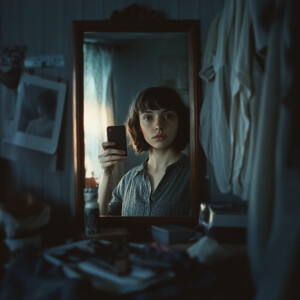 A woman stands in front of a mirror, capturing a selfie. The ima...