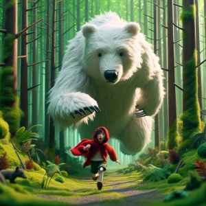 A giant white bear running after a girl in a forest