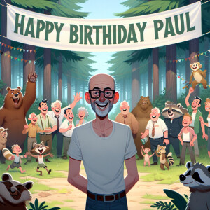 Generate a photorealistic image of a birthday party in a dense f...