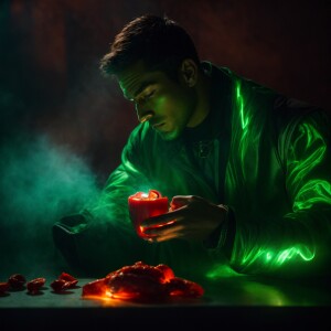 Green Lantern savoring spicy chili peppers while emanating a gre...