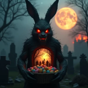 Epic cinematic shot of a terrifying Easter entity. A rabbit-like...