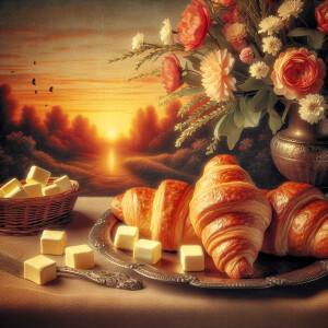 Croissants in a table with butter pieces arround. Flower and nic...