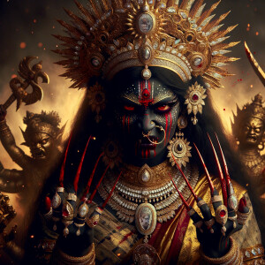 portrait of extremly angry looking goddess kali, black skinned, sitting on a gold crown and carrying a weak mahishasur on her lap and stabbing him with her amazing long red finger nails. She is wearing diamond armor, a huge diamond crown, red saree, abundant diamond jewelry, covered in blood. The scene is set in ancient India. The image is 8K resolution, cinematic, ultra detailed face and epic.