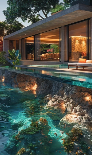 128K ultra-photorealistic luxury beach villa + underwater resort...
