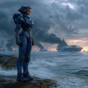 A female warrior in futuristic blue armor standing on a rock in...