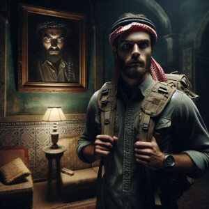 A man with a backpack stands in an old gloomy room in which a cr...