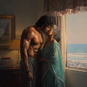 Create a hyperrealism painting of a muscular, sweaty Indian man...
