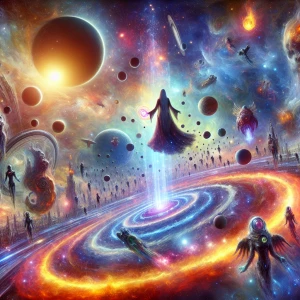 A 2.5D depiction of an alien witch levitating above a glowing co...