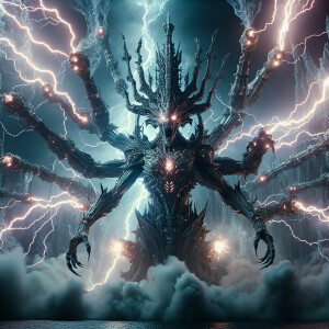 A towering, grotesque alien queen with multiple arms and glowing...
