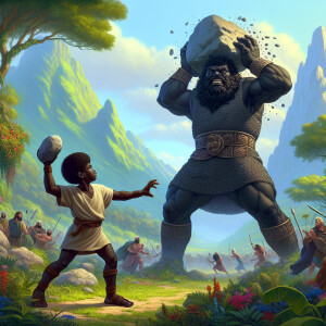 A realistic digital painting of the biblical scene with both Dav...