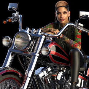 A beautiful Puerto Rican, with short hair and tattoos, she is sitting on a black and red, shiny cromed out Harley Davidson looking at the camera. This image is taken with a canon high resolution for the camera.