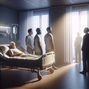 Describe the scene in the hospital room where the old man lies i...