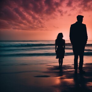 Create an image of a male and female couple of a beach