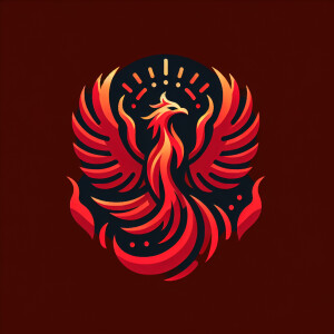 A majestic red phoenix emerges triumphantly from the fiery flame...