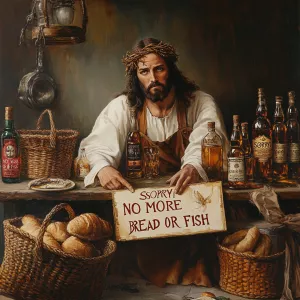 Jesus of Nazareth sits with his shoulders shrugged at a table wi...