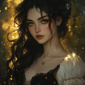 Soft, golden light dances across a feminine form with piercing e...