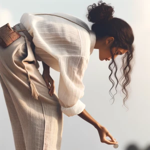 Una chica con pantalones de lino agachándose de espaldas a coger...