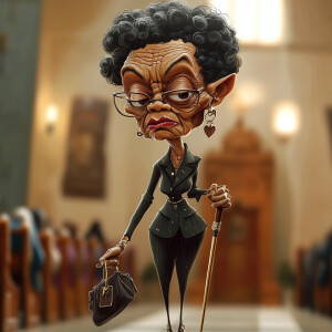 Create a old African American caricature lady who has a walking...