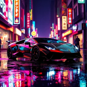 Create an image of a Lamborghini sports car on a rain-soaked urb...