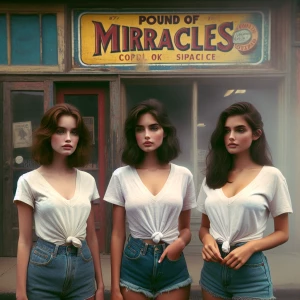 Create a color film photograph from 1973 of three beautiful 19-y...