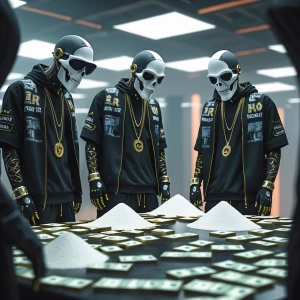 Cyborg's dressed in hip-hop clothing and half skull mask, wearin...