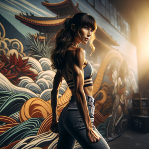 Athletic Thin skinny Attractive, Asian teenage girl, long brown hair and bangs, wearing tight skinny jeans and a halter top paint marks on her clothing, heroic pose Asian graffiti background,  backside view