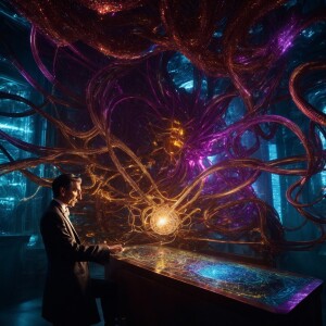 Create a vivid depiction of Nikola Tesla undergoing a gradual me...