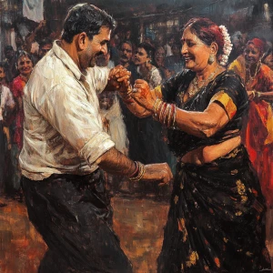 Realism art style,a muscular beefy sweaty gujarati man dancing w...