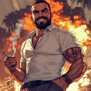 White muscular thin man with beard, big chin, smile and cheekbon...