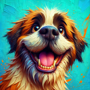 A whimsical and lively digital painting of a grinning St Bernard...