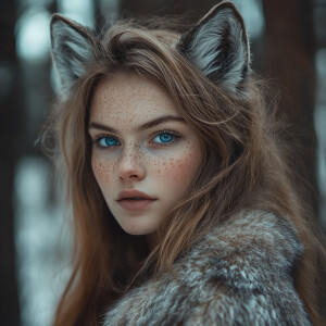 a photograph of an attractive woman with long hair and wolf ears...
