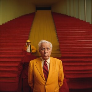 fat yellow haired man with puffy eyes orange skin a suit and a r...