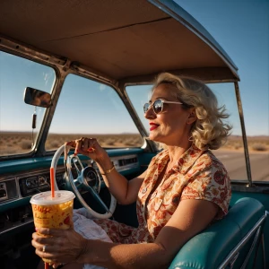 "A beautiful lady enjoying a hot dog while driving her RV down t...