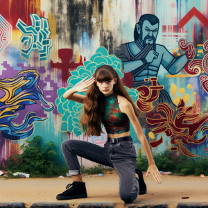 teenage girl, long brown hair and bangs, wearing tight skinny jeans and a halter top paint marks on her clothing, heroic pose Asian graffiti background, nearing on one knee