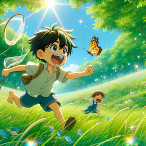 A young boy with a joyful expression, sprinting across a grassy...