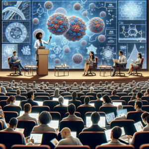 Create an image where scientists were in a conference studying n...