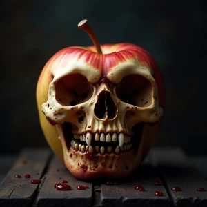 Bizarre, half eaten rotten apple, demon, skull, ultra-detailed,...