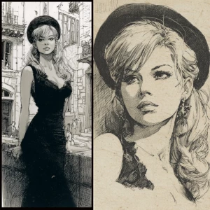 Brigitte bardot in a noir movie, by milo manara