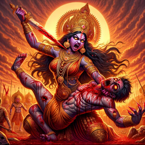 Portrait of angry and gorgeous goddess durga slaying mahishasur...