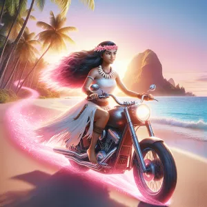 Create an image of the character Moana riding a motorcycle with...
