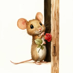Mouse peeking from behind a door , watercolor, holding a tiny li...
