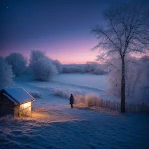 Depict a breathtakingly beautiful early December evening with a...