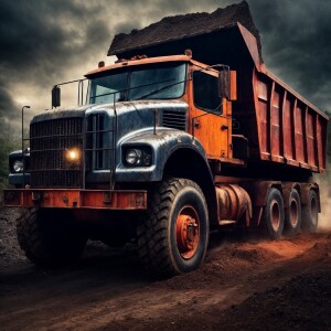 Design a dump truck influenced by Jason Voorhees, featuring them...