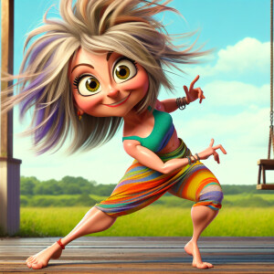 Full body view, A whimsical cartoonish vibrant middle-aged woman...