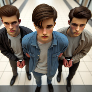 3 male Caucasian teenagers. walk. (((All have their hands behind...