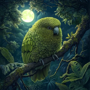 Create an illustration of a Kakapo, a nocturnal and flightless parrot with moss green feathers and a whiskered face, native to New Zealand, perched on a tree branch in a dense forest under moonlight.