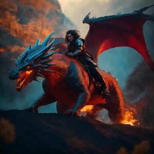 Fire rider riding a dragon in armor