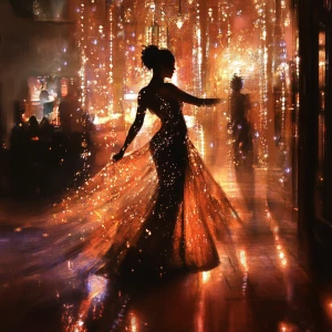 Imagine a dimly lit lounge with a lavish stage where glittering...